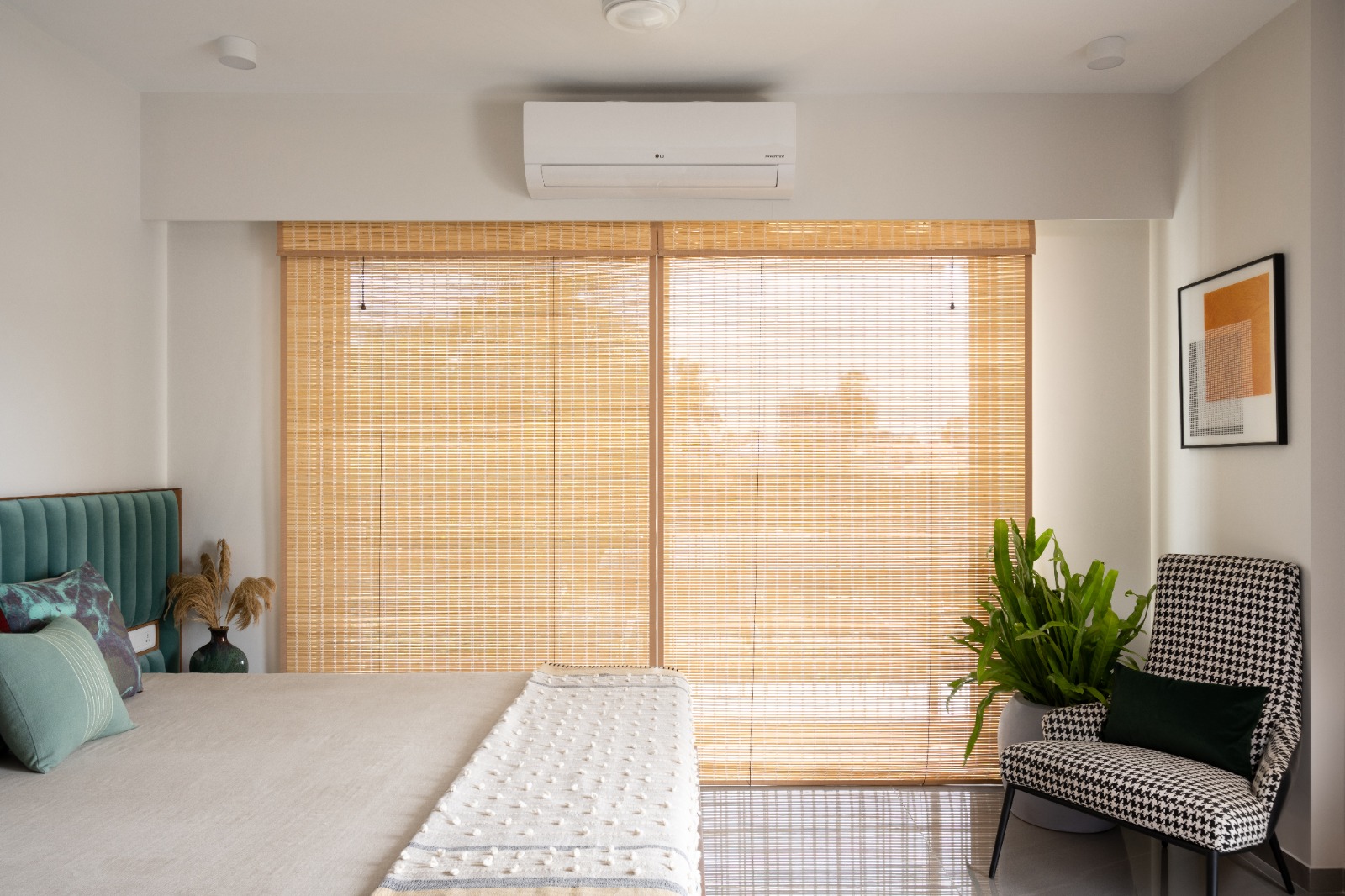 Large outdoor bamboo blinds installed on terrace pergola